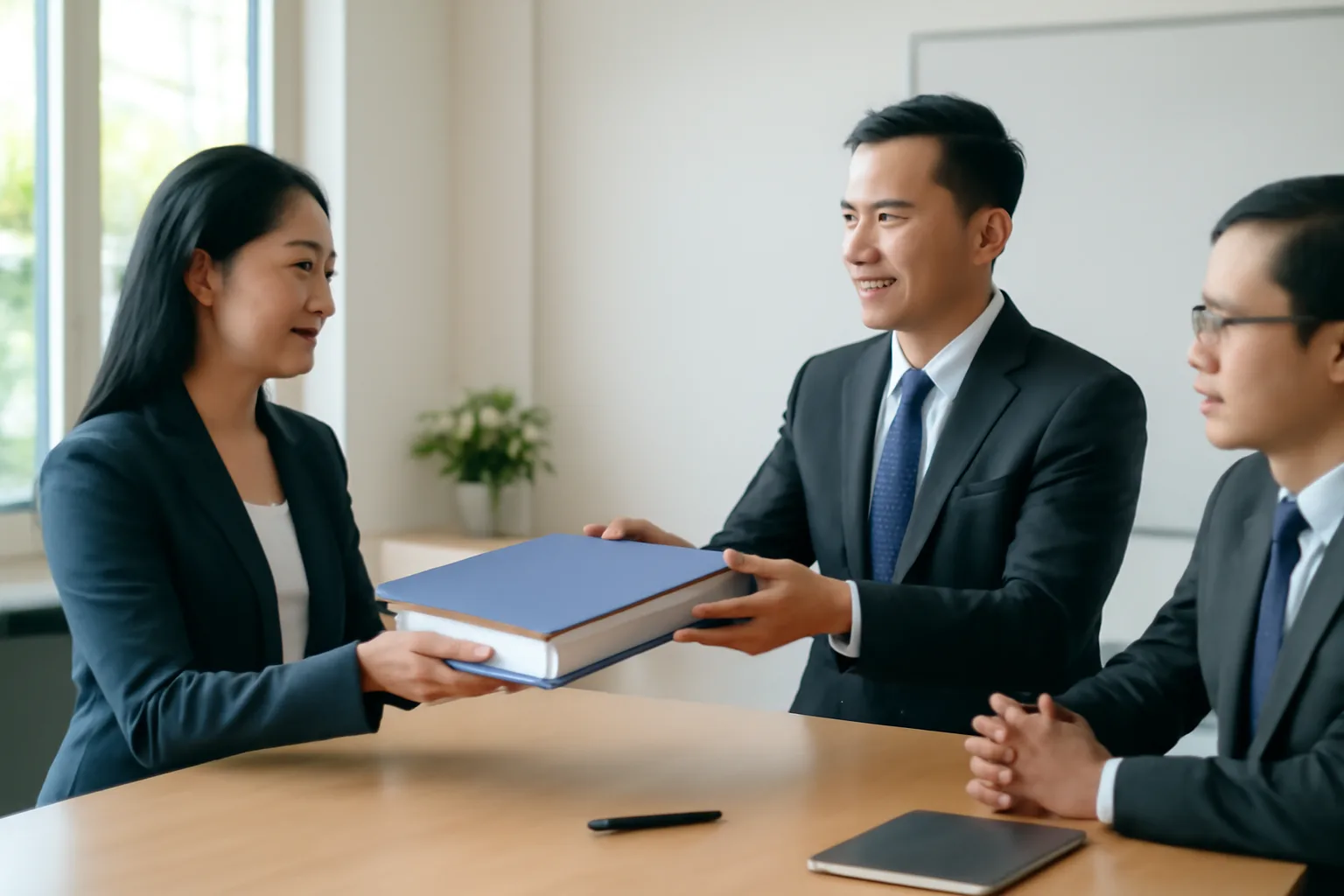 Người bán và người mua công ty cùng xem hồ sơ bàn giao bên bàn họp