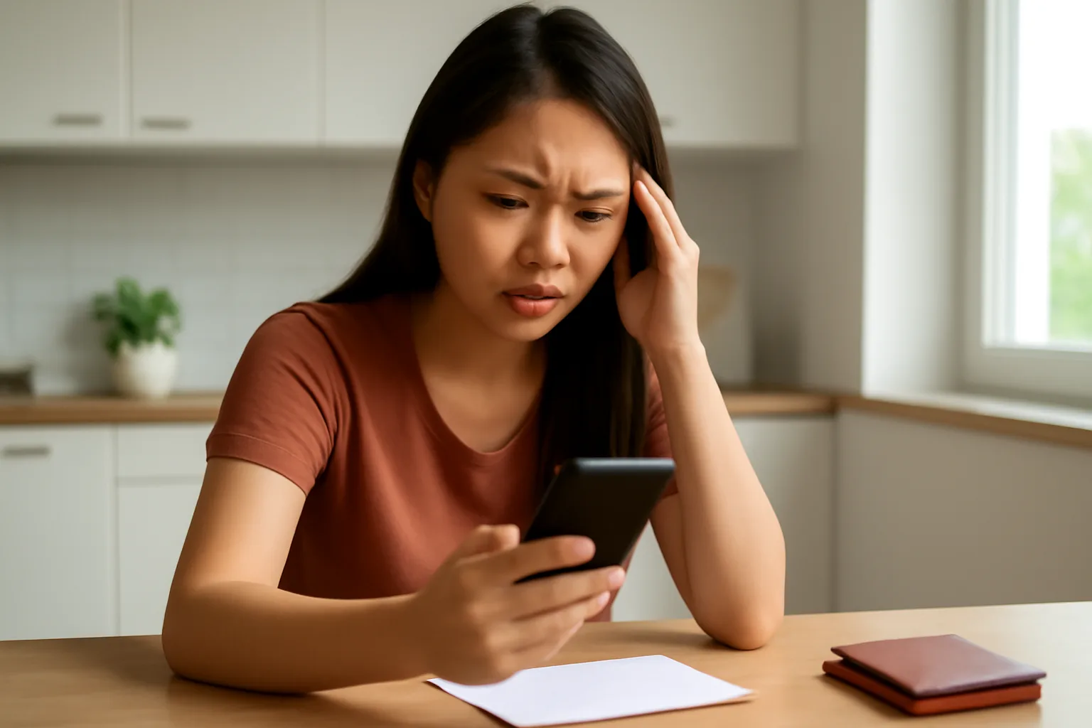 Người phụ nữ trẻ nhìn điện thoại với vẻ lo lắng tại bàn ăn ở nhà