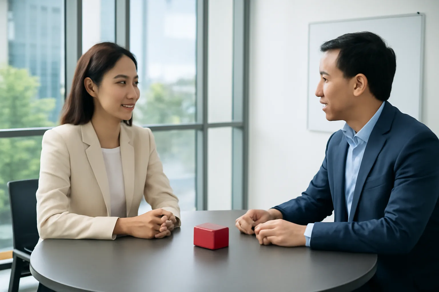 Chủ doanh nghiệp và giám đốc điều hành ngồi đối diện bàn chuyện chuyển giao quyền ký