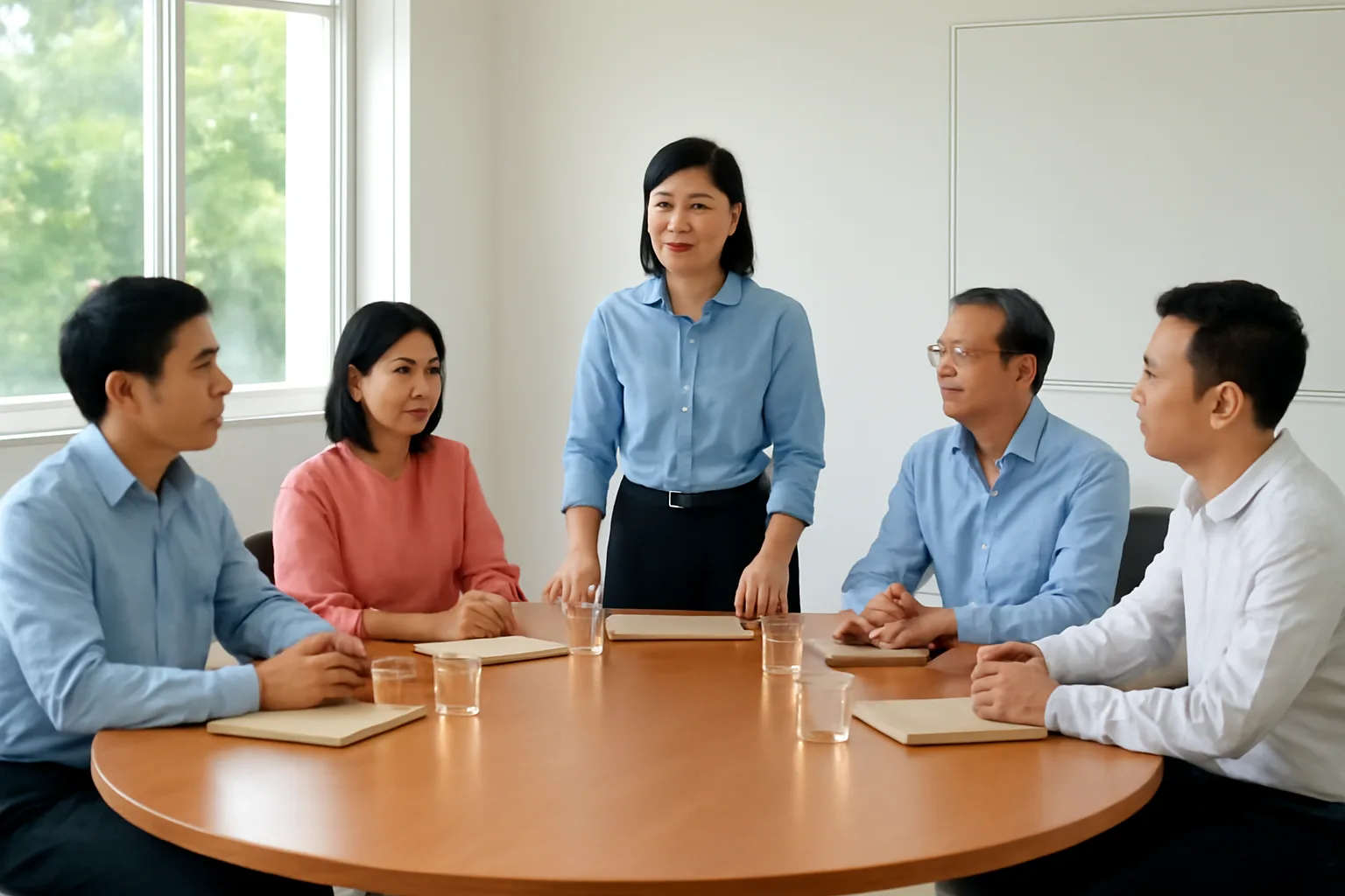Cuộc họp hội đồng thành viên năm người quanh bàn bầu dục, các bìa hồ sơ đóng kín trước mặt