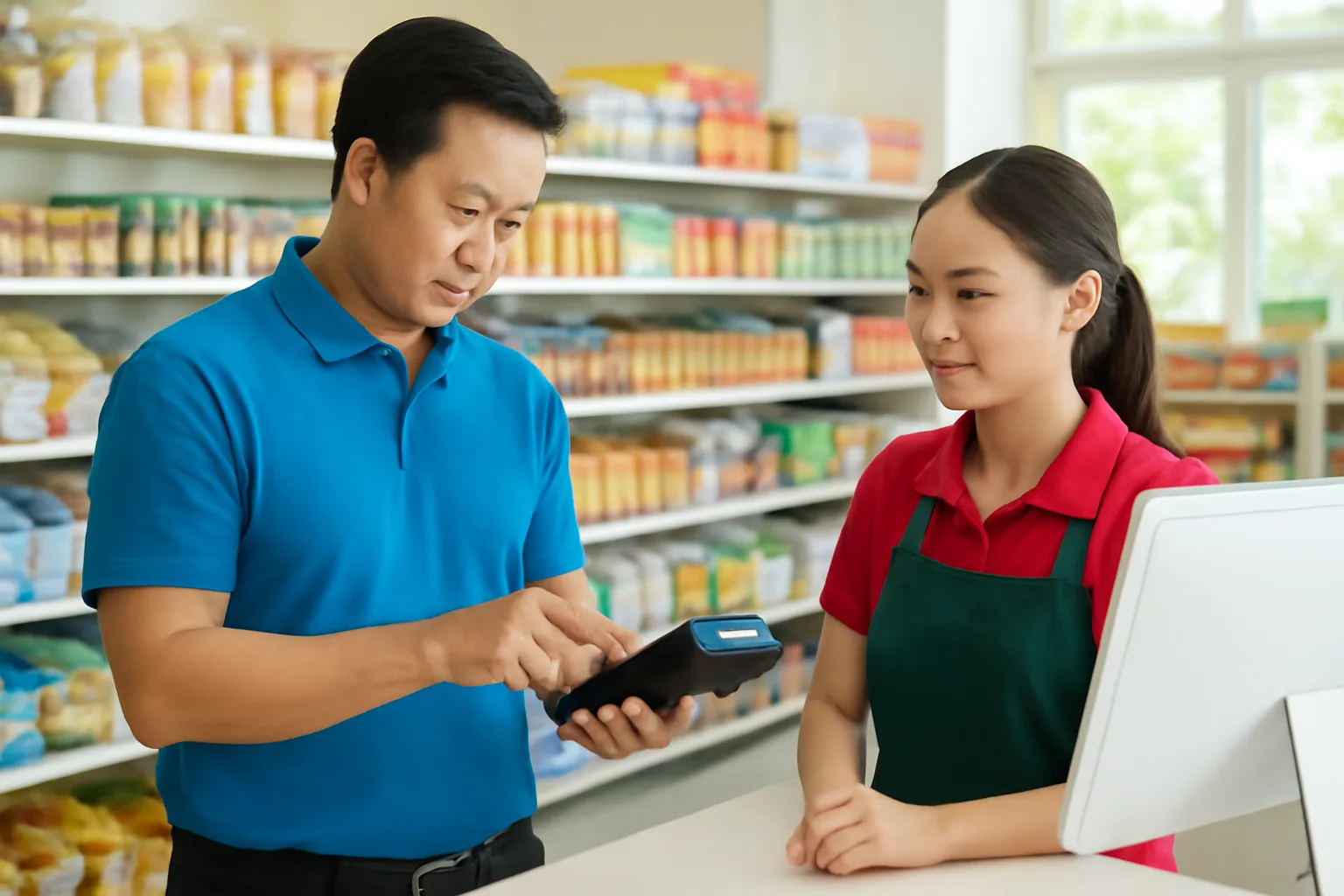 Quản lý khu vực đi kiểm tra quầy thu ngân của một cửa hàng trong chuỗi