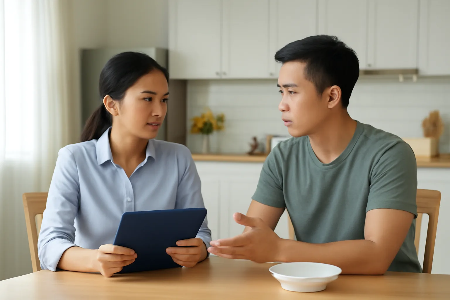 Hai vợ chồng trẻ bàn chuyện chọn người đứng ra điều hành công ty mới bên bàn ăn gia đình