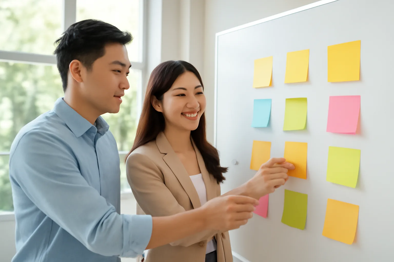 Hai người đồng sáng lập đứng trước bảng trắng chia các tờ giấy nhớ màu thành hai cột