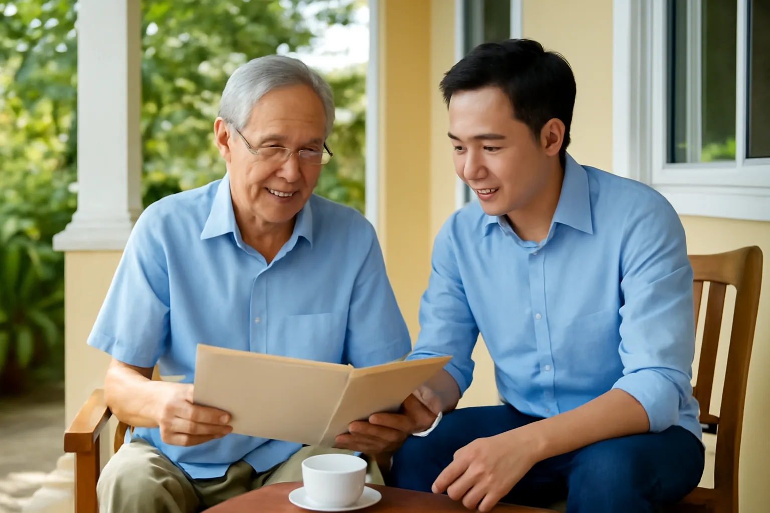 Người cha lớn tuổi và con trai cùng xem hồ sơ công ty ở hiên nhà