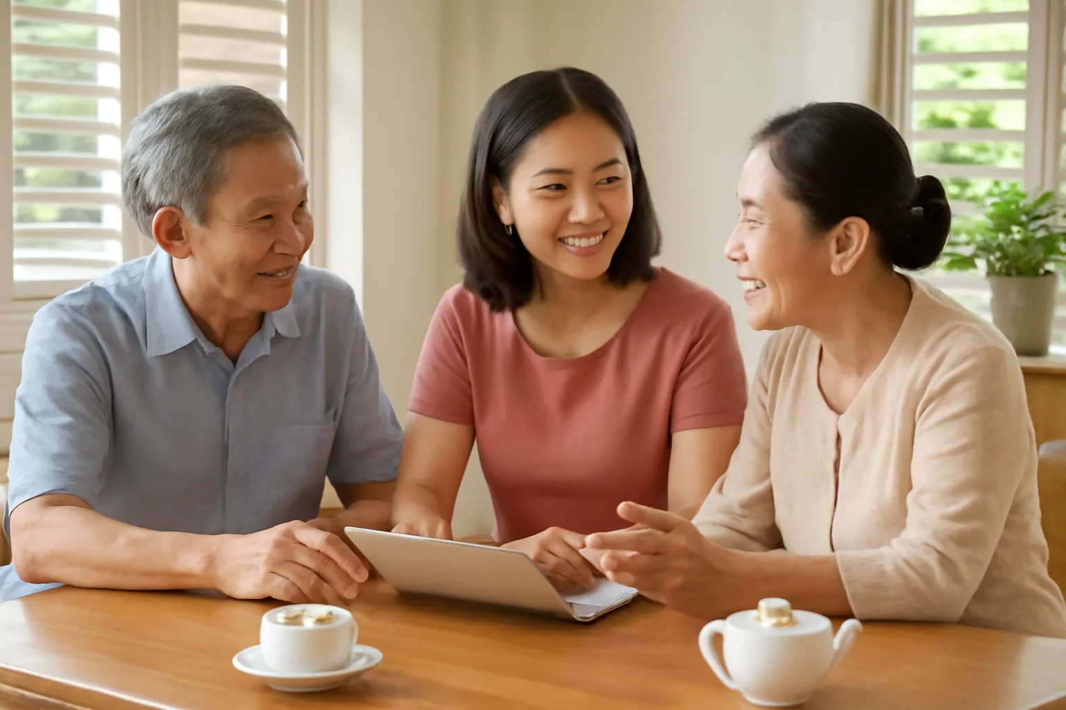 Gia đình ba người cùng bàn chuyện quản trị công ty bên bàn ăn