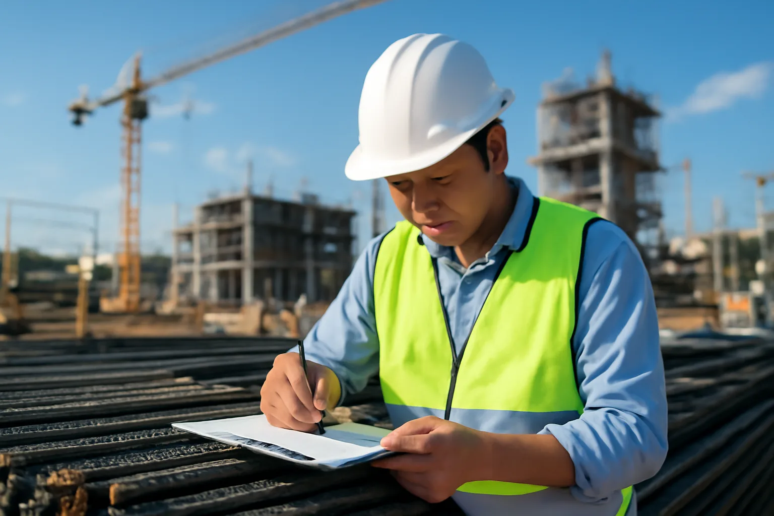 Chỉ huy trưởng công trường ký biên bản bên đống vật liệu xây dựng