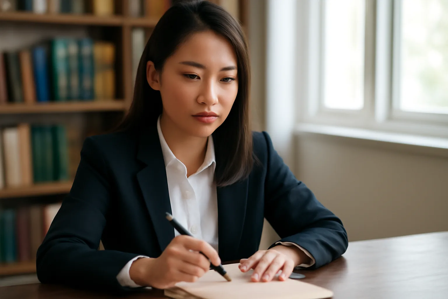 Nữ luật sư cầm bút bên cuốn điều lệ đóng bìa trơn trong văn phòng có kệ sách
