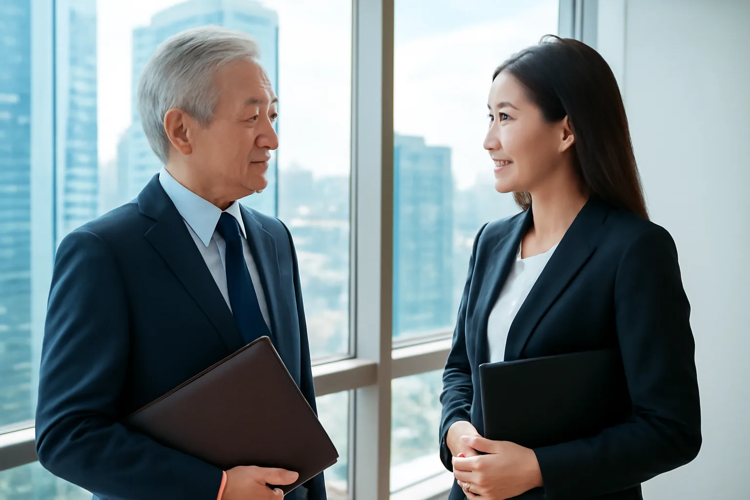 Chủ tịch hội đồng quản trị và tổng giám đốc trao đổi trước buổi họp hội đồng