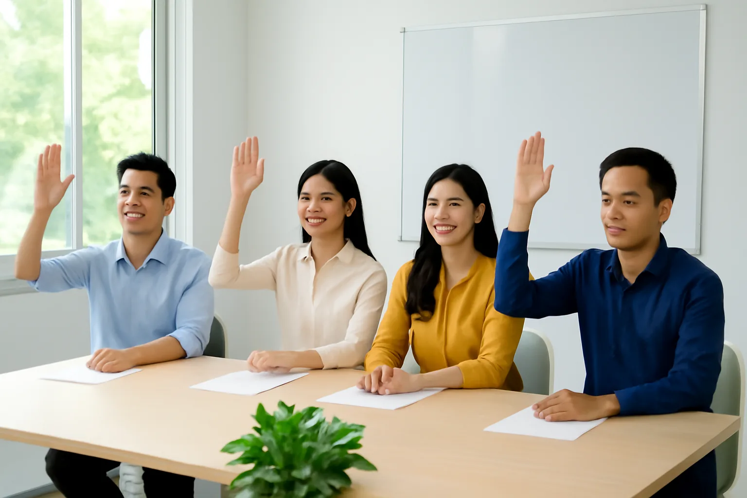 Các thành viên giơ tay biểu quyết trong phòng họp nhỏ sáng sủa