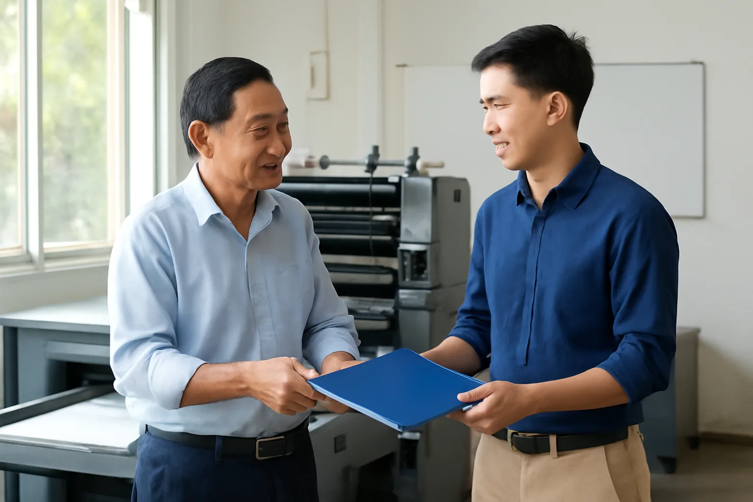 Chủ doanh nghiệp tư nhân và giám đốc được thuê rà hợp đồng tại xưởng in nhỏ