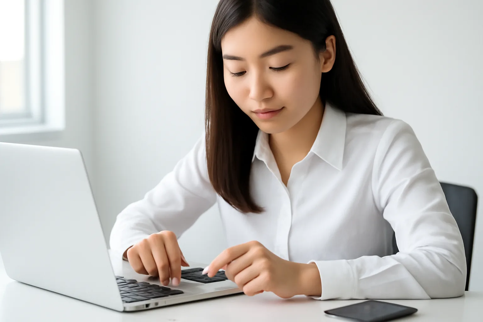 Nữ kế toán cắm thiết bị chữ ký số vào máy tính xách tay, điện thoại úp trên bàn