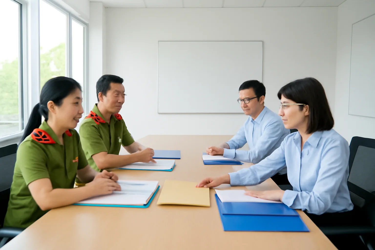 Người đại diện mới và kế toán trưởng ngồi đối diện đoàn kiểm tra thuế trong phòng họp