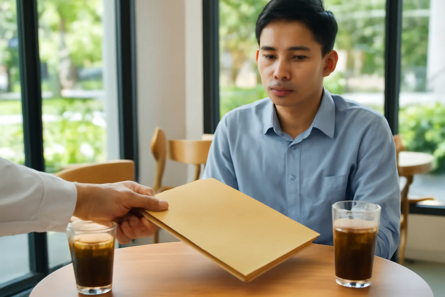 Bàn tay một người đẩy xấp hồ sơ và cây bút về phía người thanh niên đang do dự