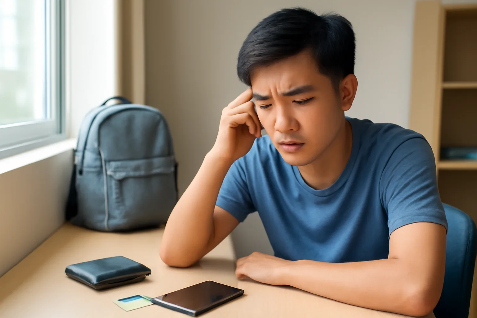 Sinh viên nhìn điện thoại với vẻ nghi ngại bên chiếc bàn học có ví và thẻ căn cước úp xuống