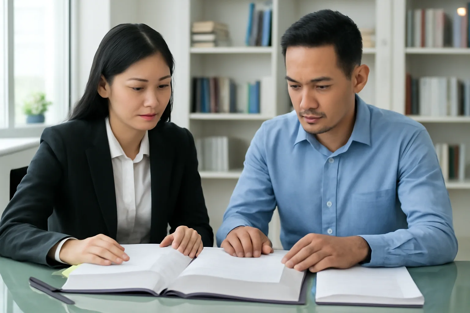 Luật sư và chủ doanh nghiệp so hai bản điều lệ đặt cạnh nhau