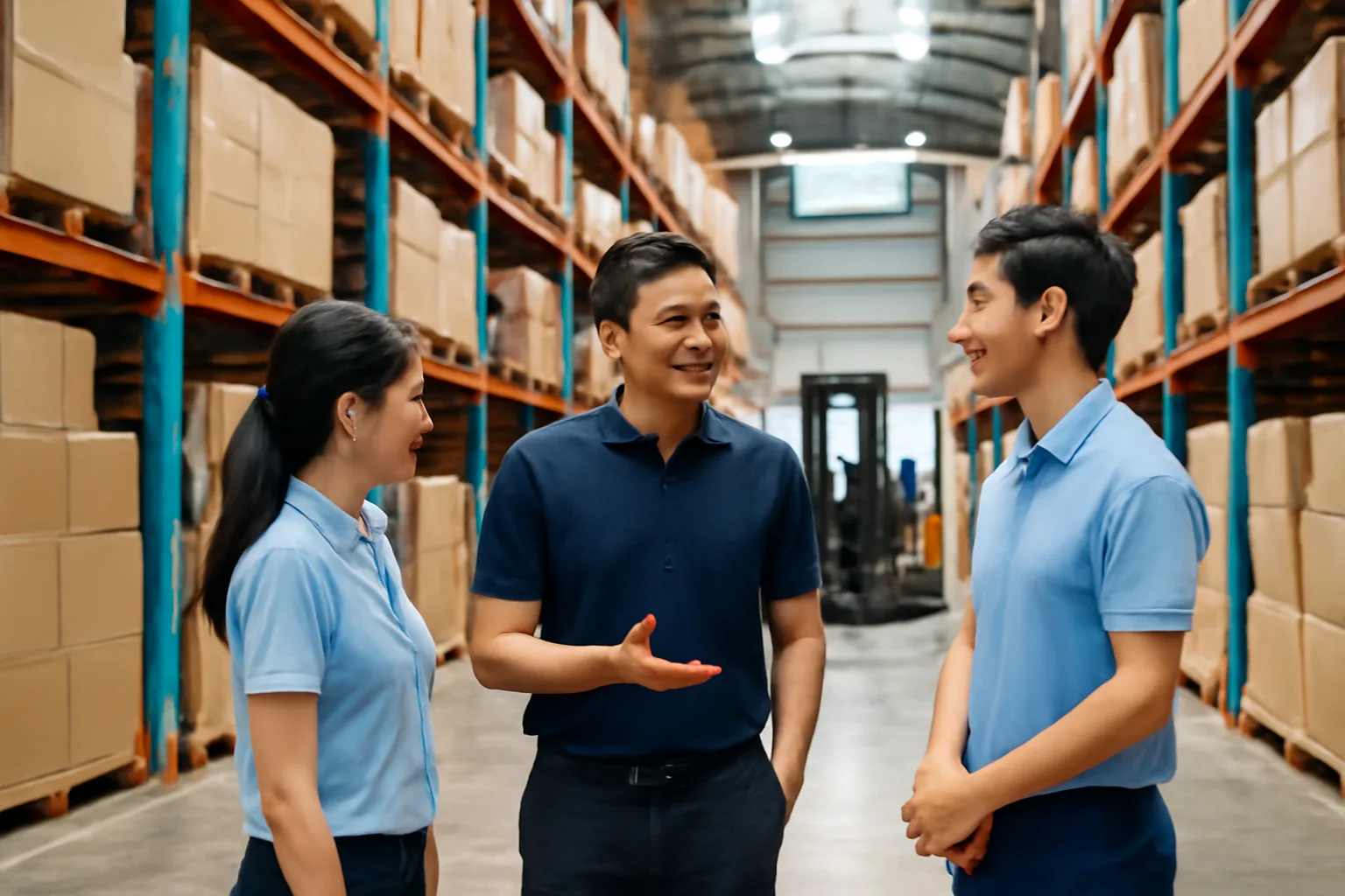 Giám đốc chi nhánh và nhân viên trao đổi bên kệ hàng trong kho của chi nhánh