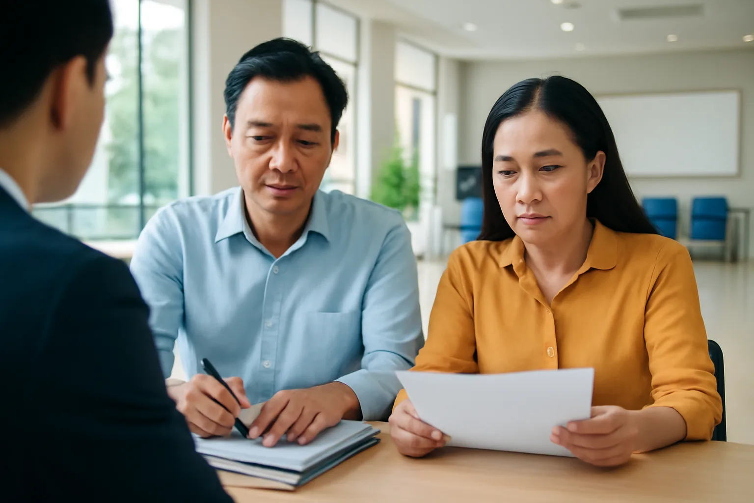 Giám đốc và vợ ngồi đọc kỹ hồ sơ vay tại quầy tư vấn ngân hàng