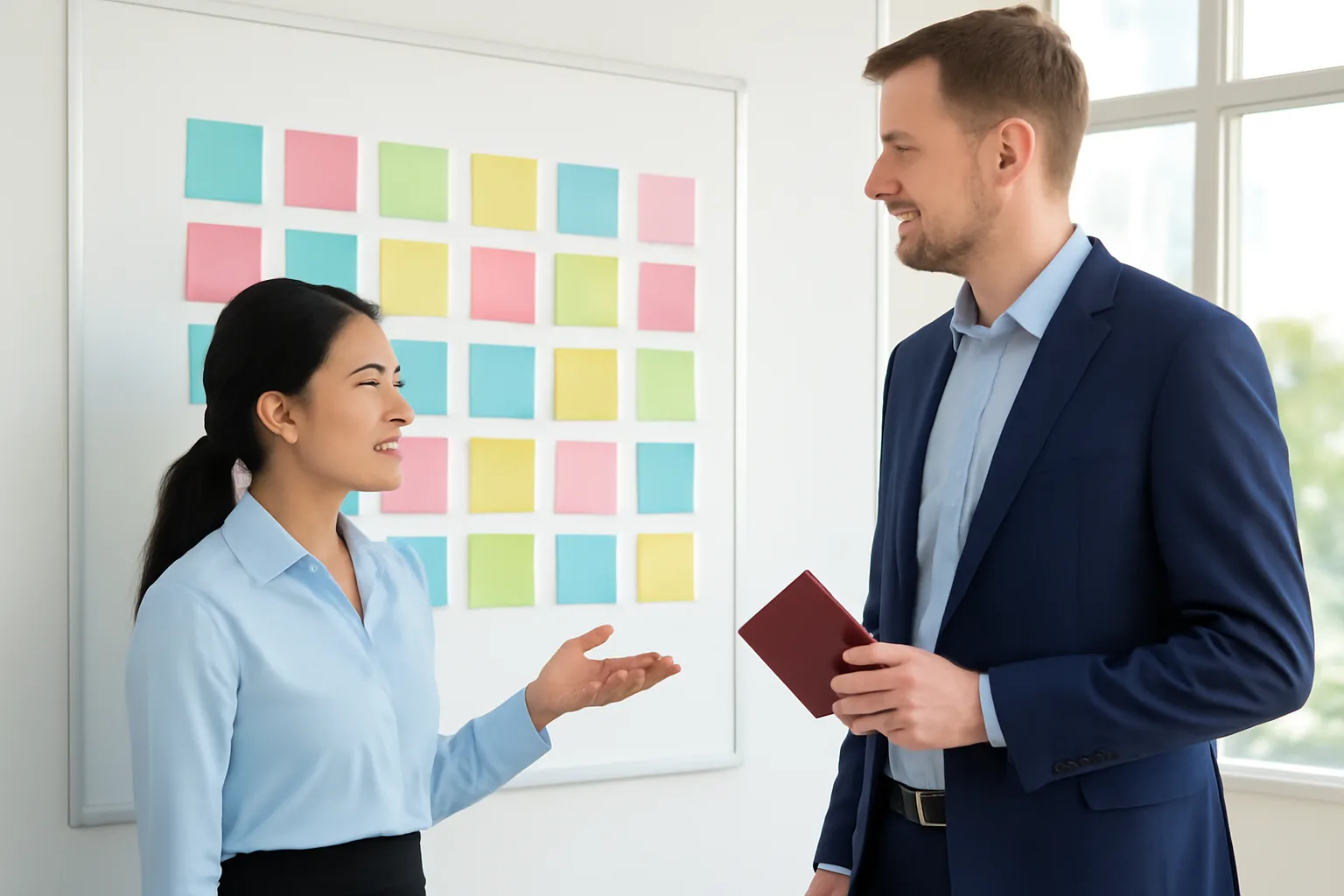 Nhân viên nhân sự và giám đốc nước ngoài xem lịch gia hạn giấy tờ trong văn phòng