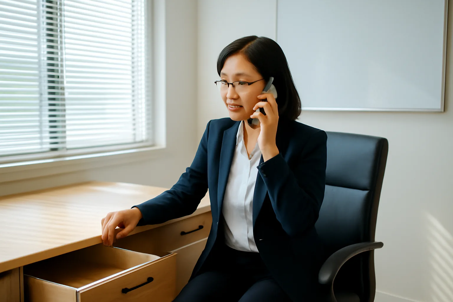 Chủ doanh nghiệp đứng trước phòng giám đốc trống, ngăn kéo mở, đang gọi điện cho luật sư