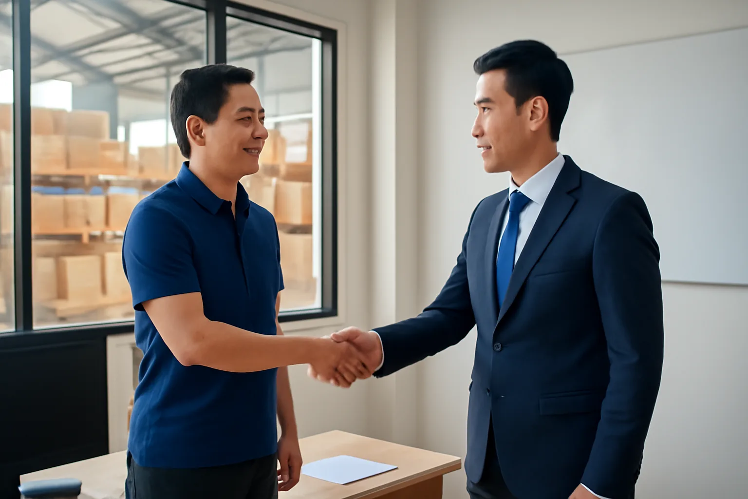 Chủ doanh nghiệp bắt tay giám đốc mới trong văn phòng cạnh kho hàng