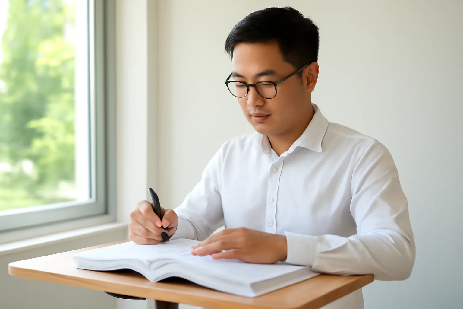 Nhân viên pháp chế đọc kỹ hồ sơ đối tác bên cạnh bản hợp đồng chưa ký