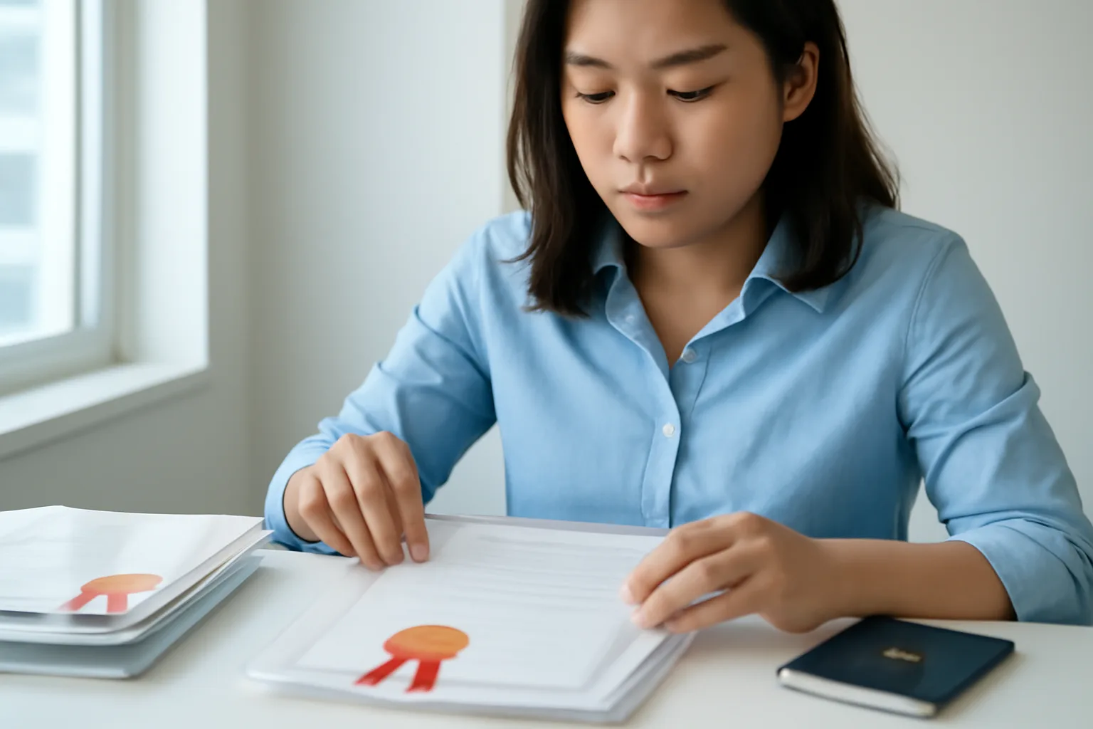 Nhân viên pháp lý sắp xếp các tập giấy có dấu nổi và ruy băng trên bàn làm việc