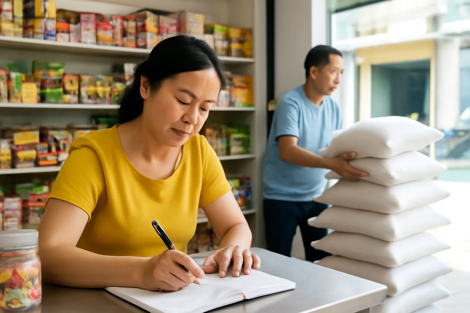 Chủ hộ kinh doanh tạp hoá ghi chép bên quầy trong khi người thân sắp xếp hàng