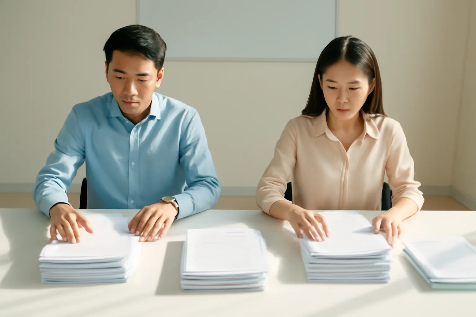 Người đại diện mới cùng trợ lý rà chồng hợp đồng cũ trên bàn họp