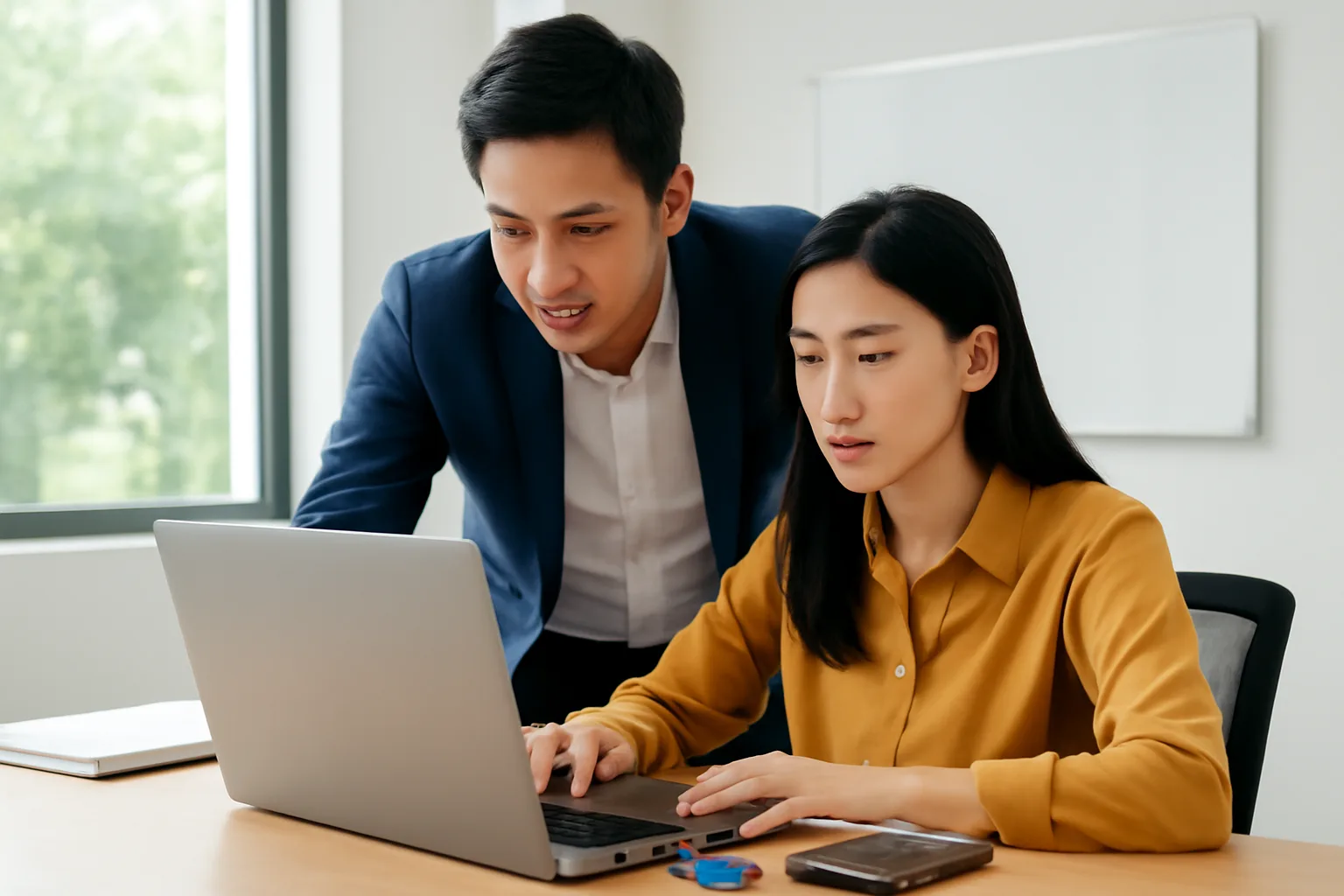 Giám đốc ngồi cạnh kế toán xem lại tờ khai trước khi nộp trên máy tính
