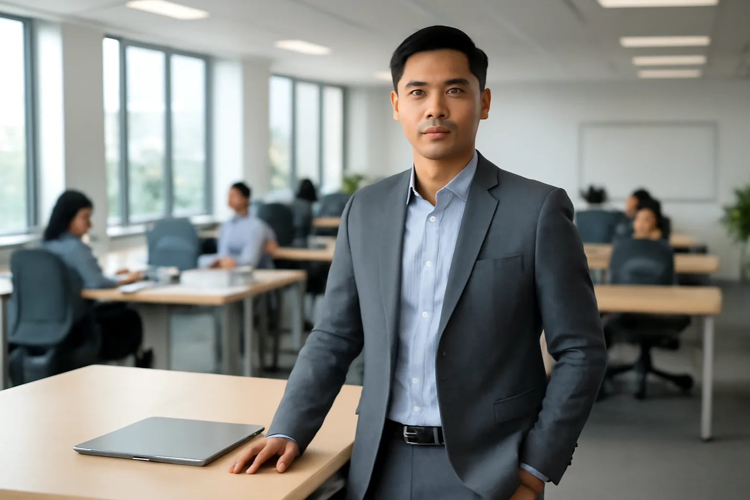 Giám đốc còn lại đứng nhìn chiếc bàn trống của đồng nghiệp vừa nghỉ trong văn phòng