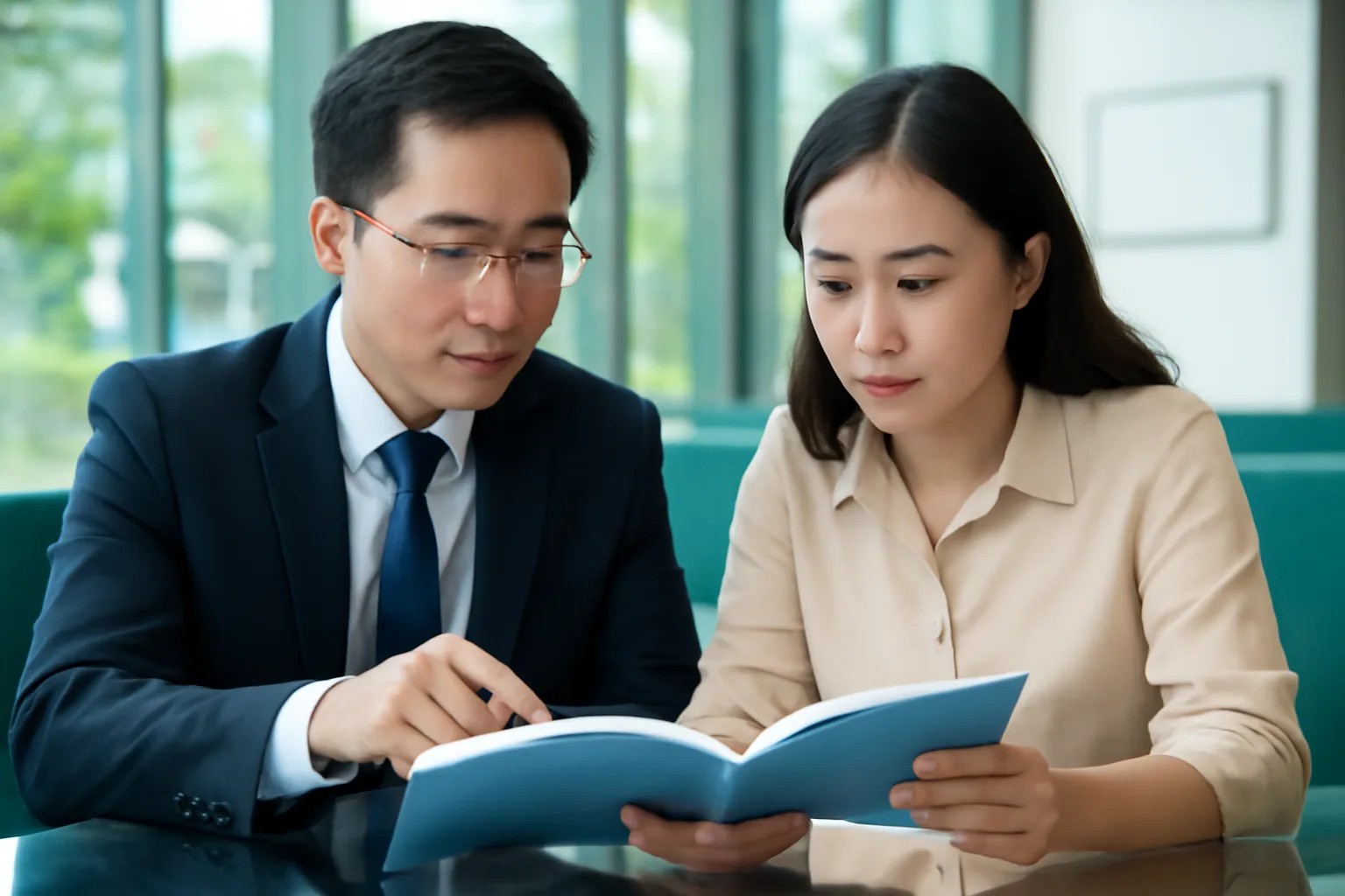 Nhân viên ngân hàng và kế toán công ty cùng đọc một tập điều lệ tại bàn giao dịch