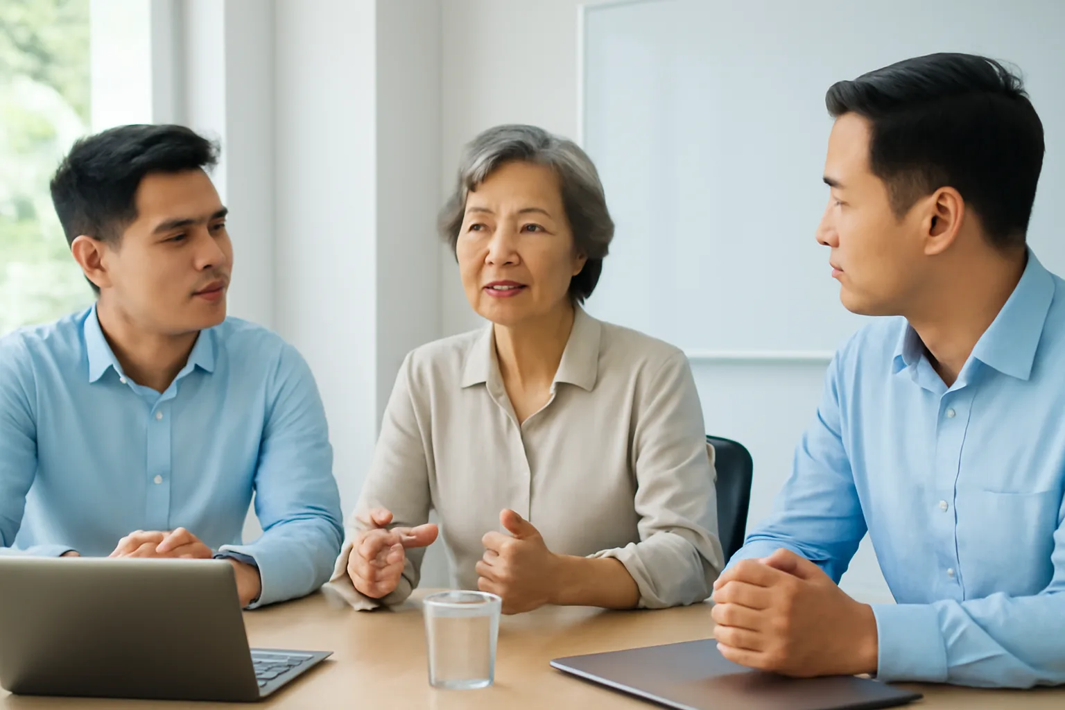 Thành viên hội đồng họp khẩn trong phòng họp nhỏ bàn cử người điều hành tạm thời