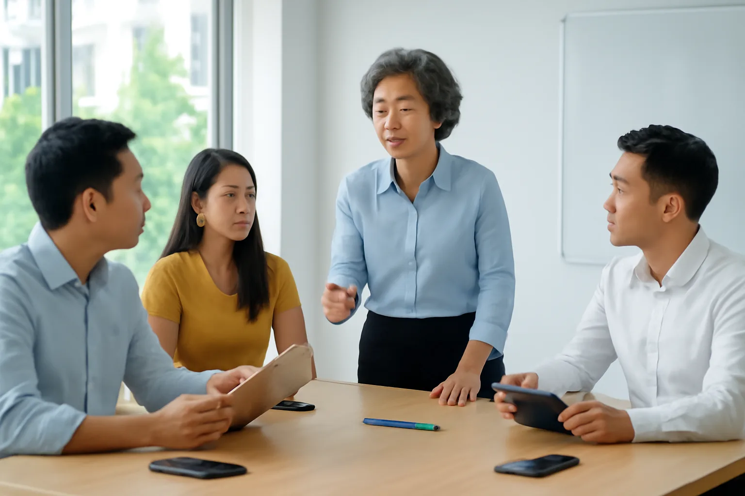 Các thành viên công ty họp khẩn trong phòng họp, một người đứng trình bày