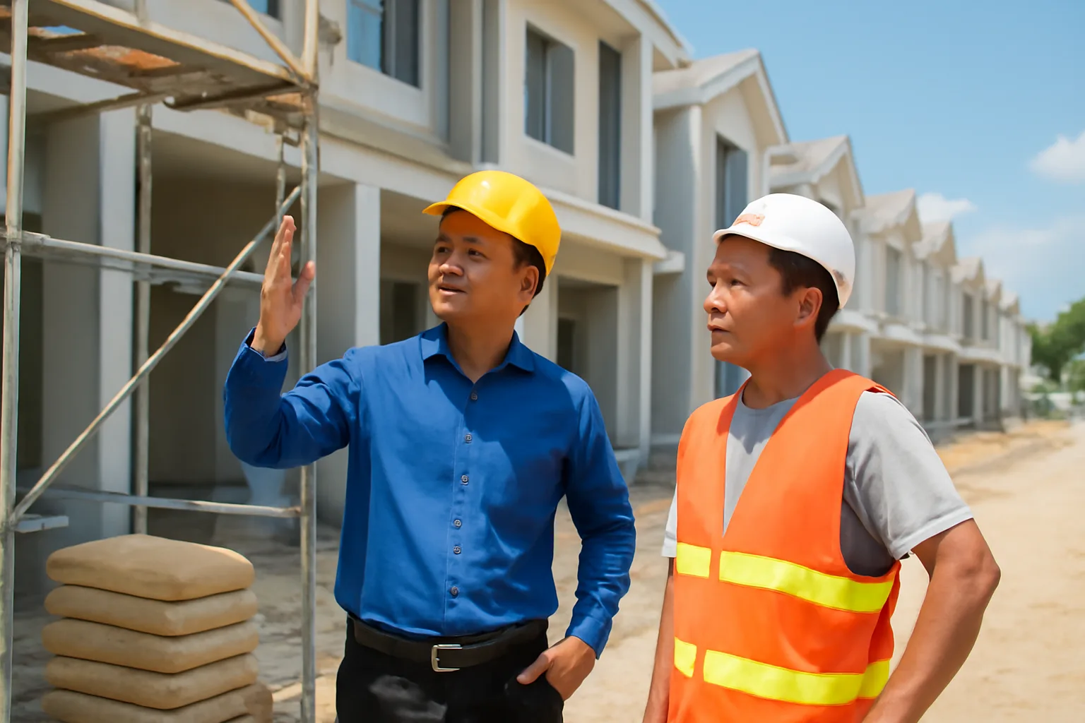 Giám đốc công ty xây dựng nhỏ đứng giữa công trường kiểm tra giàn giáo