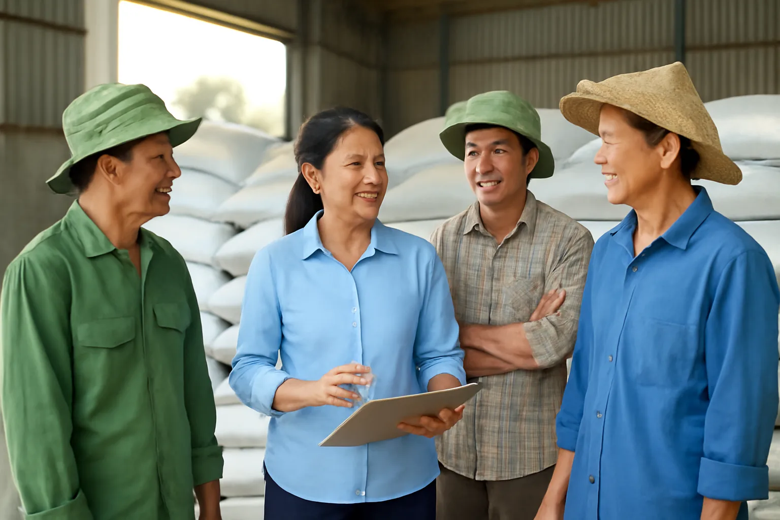 Chủ tịch hợp tác xã nông nghiệp trao đổi với các thành viên bên kho lúa