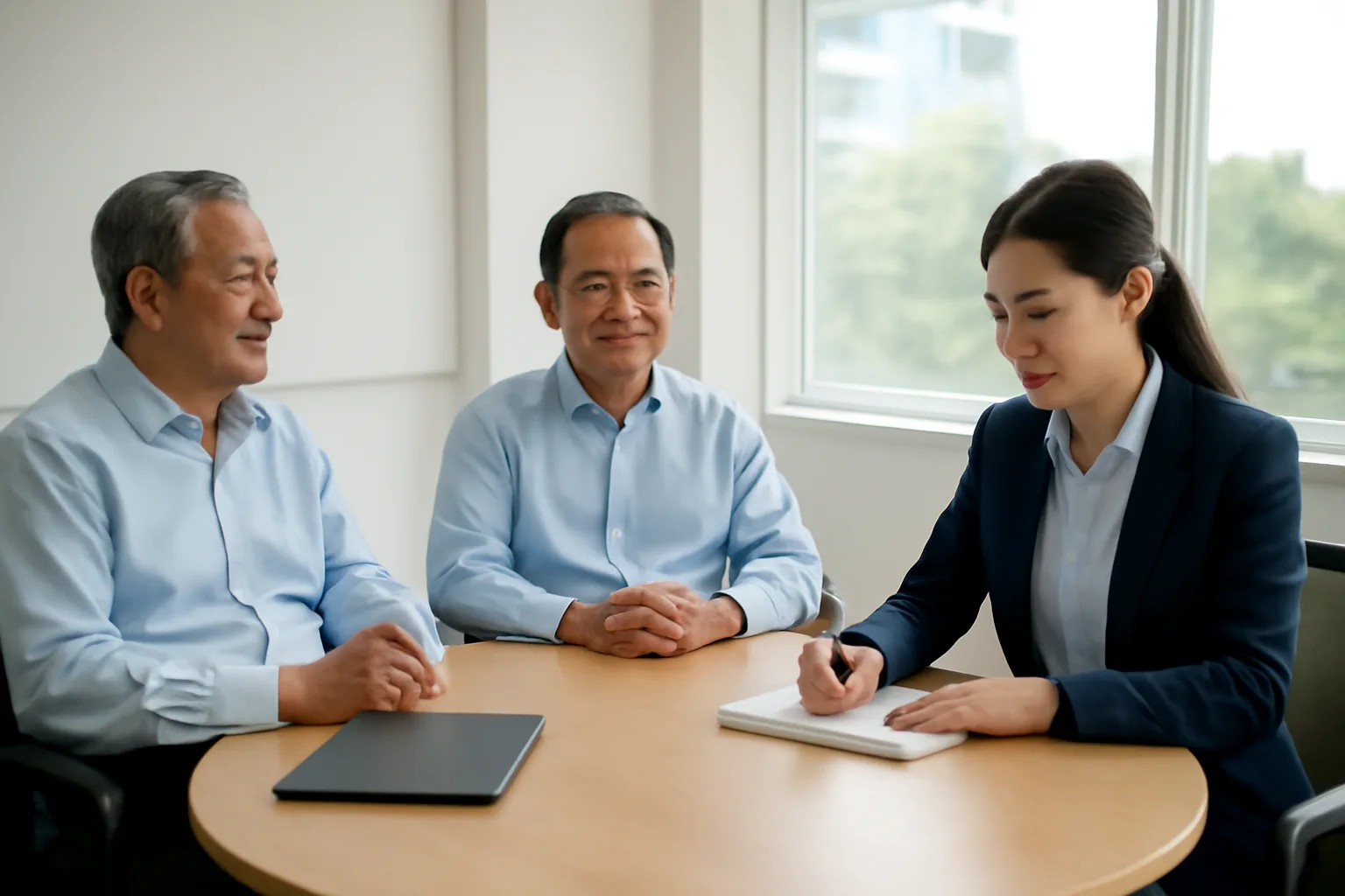 Ba thành viên công ty ngồi quanh bàn họp, người trẻ nhất cầm bút ghi biên bản