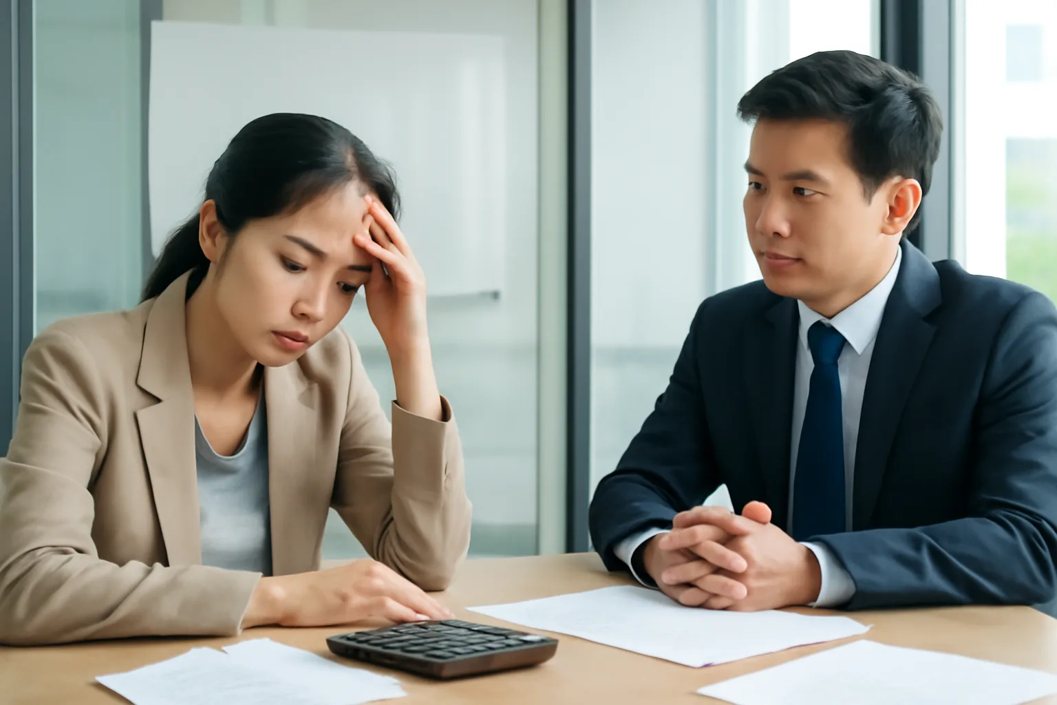 Người đại diện công ty ngồi cùng luật sư xem lại danh sách công nợ trong phòng họp nhỏ