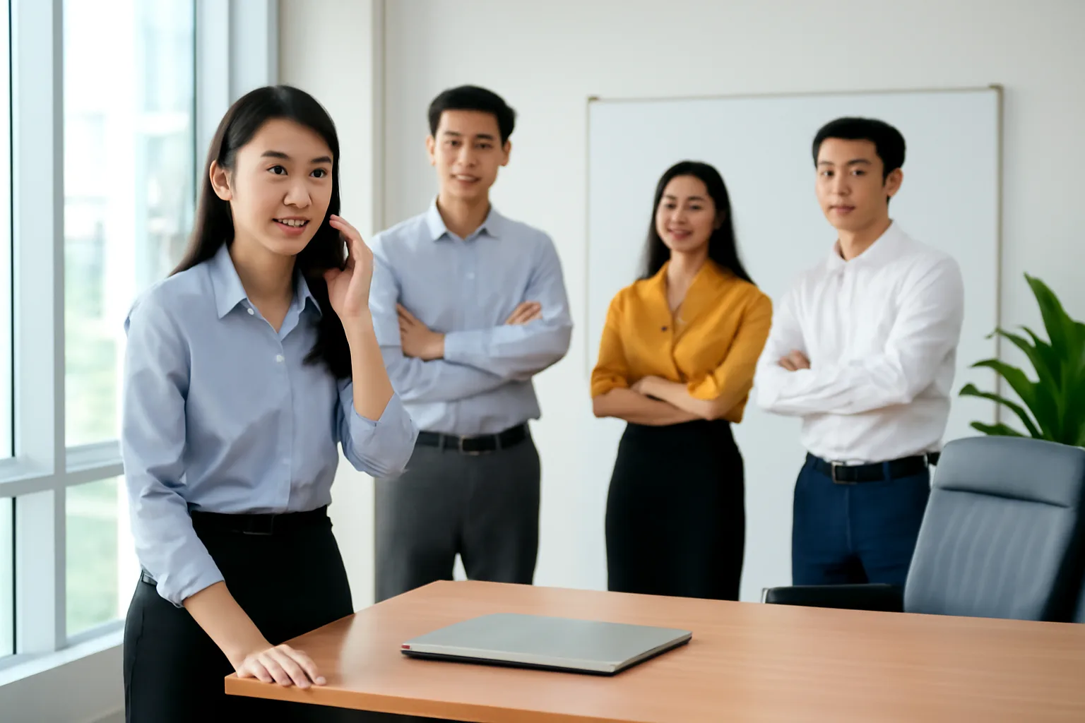 Nhân viên văn phòng gọi điện liên tục bên cạnh bàn làm việc trống của giám đốc