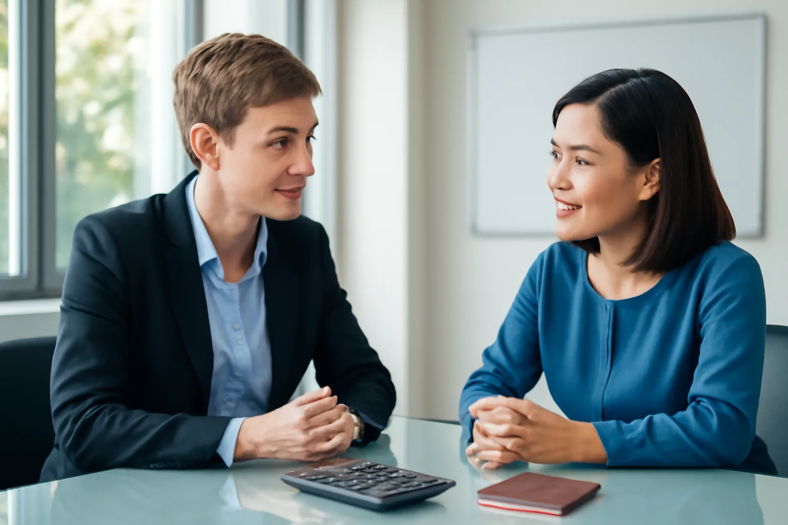 Nữ giám đốc người nước ngoài và cán bộ nhân sự người Việt trao đổi trong phòng họp kính