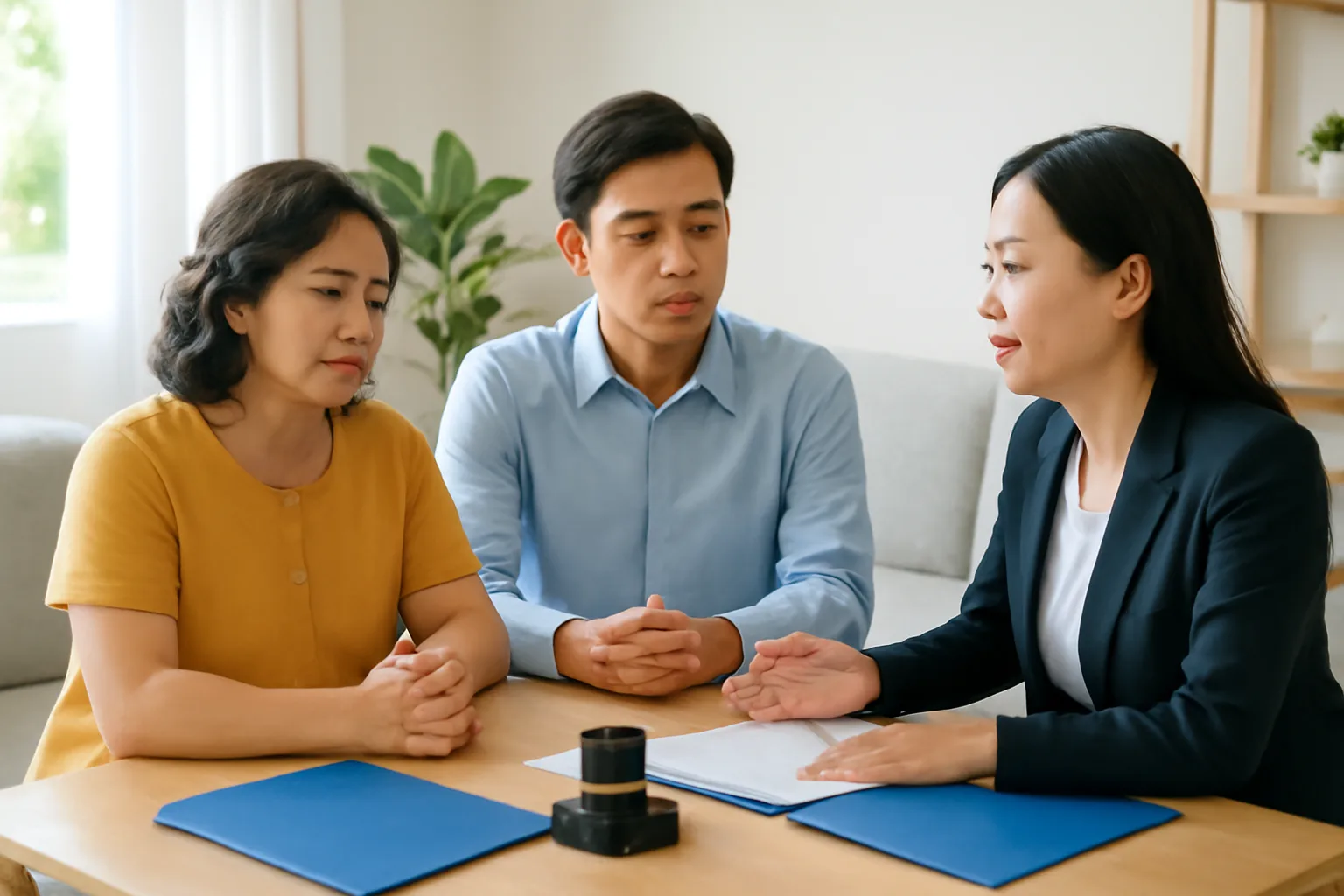 Người mẹ và con trai ngồi cùng luật sư bên bàn phòng khách, hộp con dấu và bìa hồ sơ trên bàn