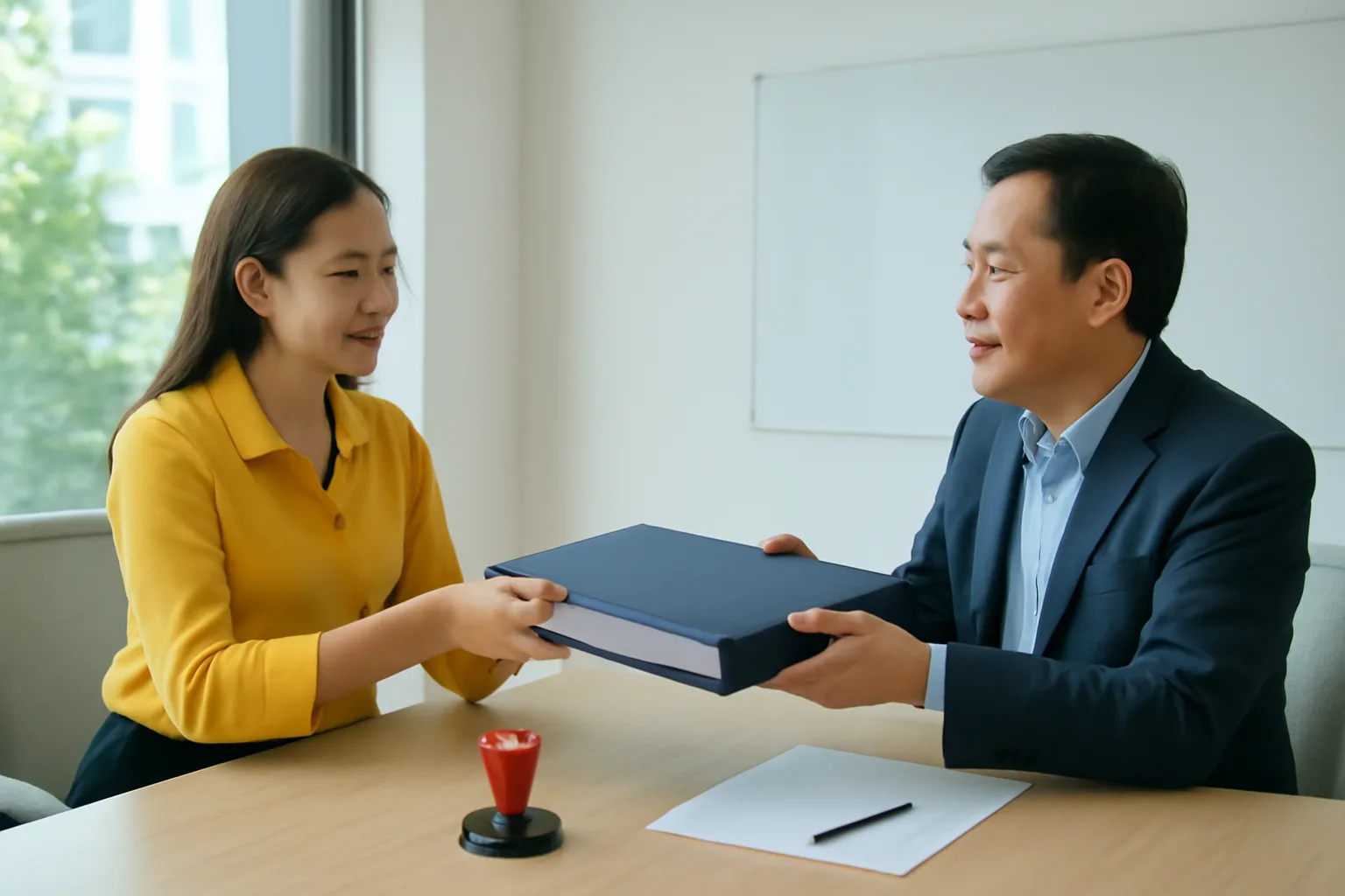 Chủ công ty trao xấp hồ sơ cho người điều hành trong phòng họp nhỏ, con dấu đặt trên bàn