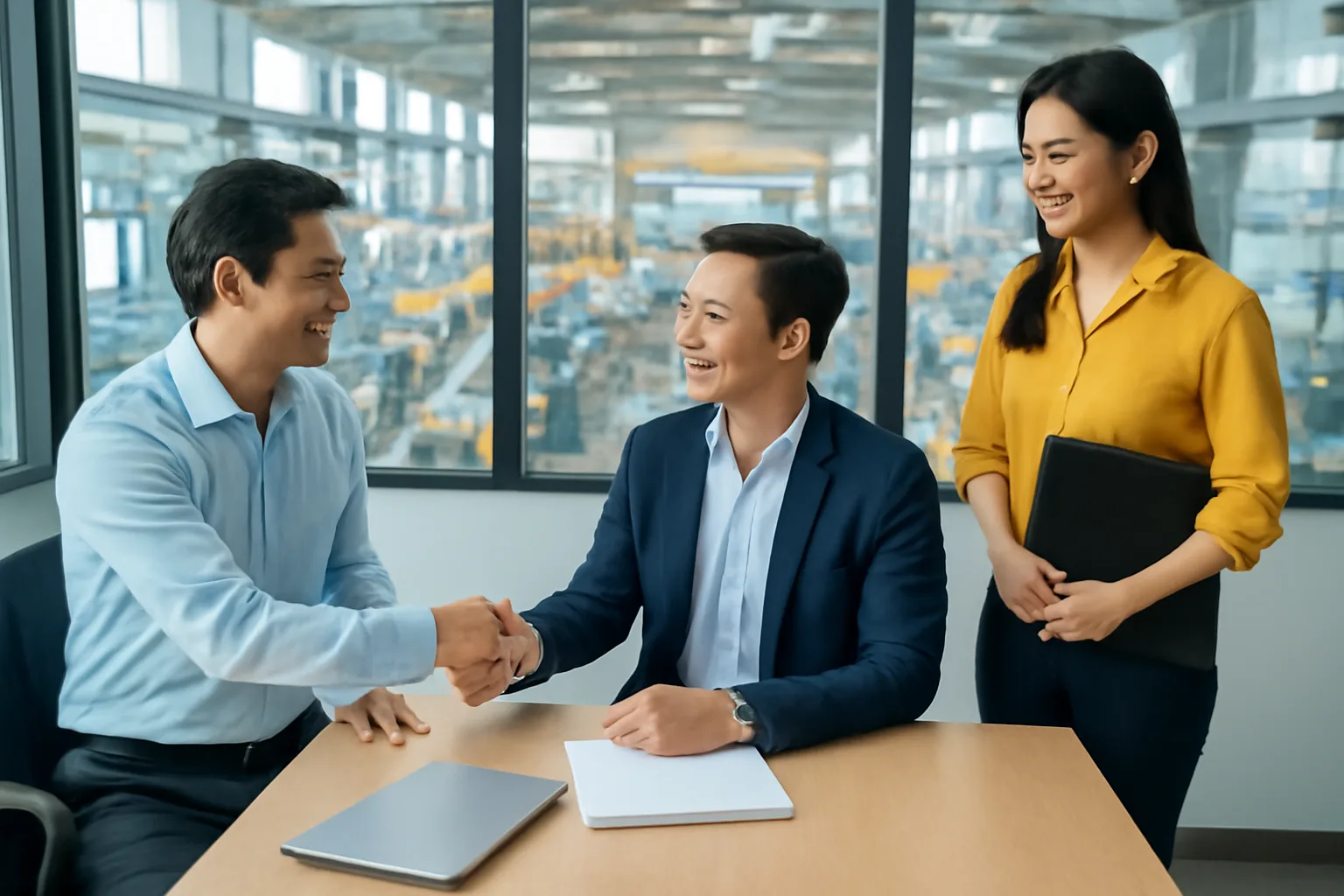 Hai người bắt tay qua bàn họp trong văn phòng nhà xưởng, người thứ ba cầm cặp hồ sơ