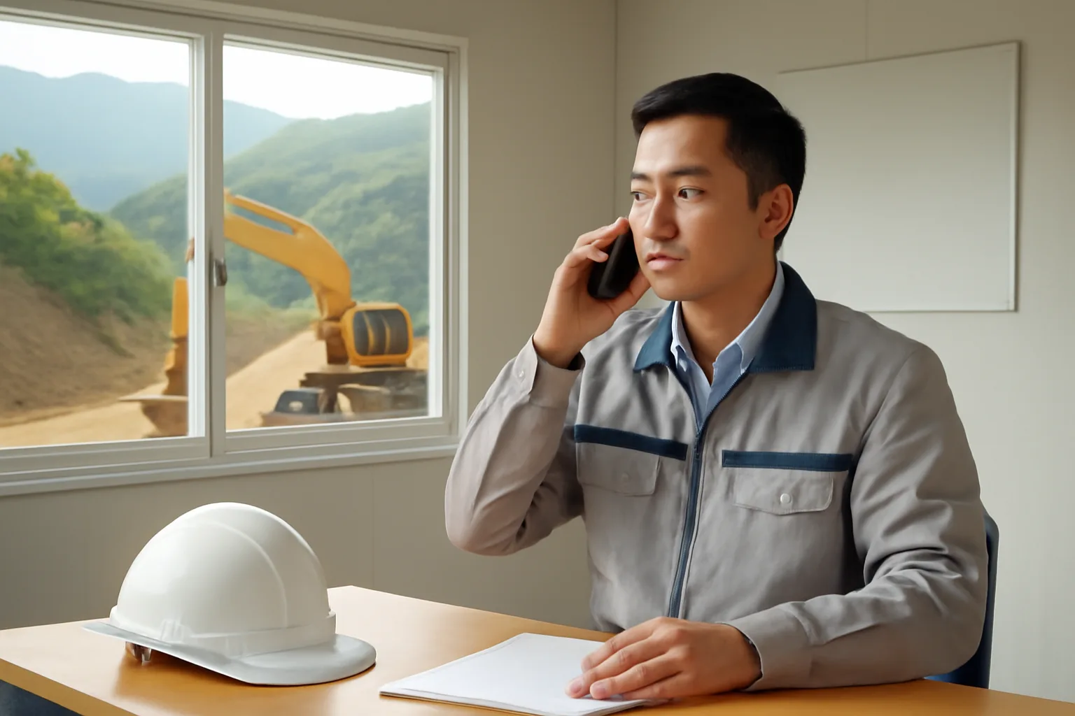 Giám đốc công ty xây dựng gọi điện về văn phòng từ lán trại công trình xa