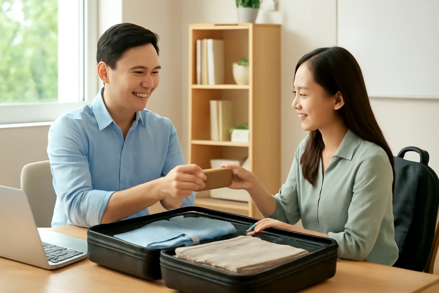 Người đàn ông xếp đồ vào vali trong phòng làm việc tại nhà, trao hộp con dấu cho đồng nghiệp
