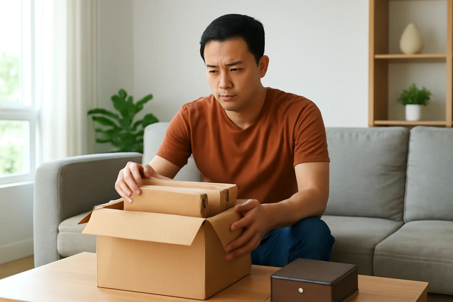 Người đàn ông trung niên ngồi một mình trong phòng khách, trước mặt là hộp hồ sơ công ty cũ