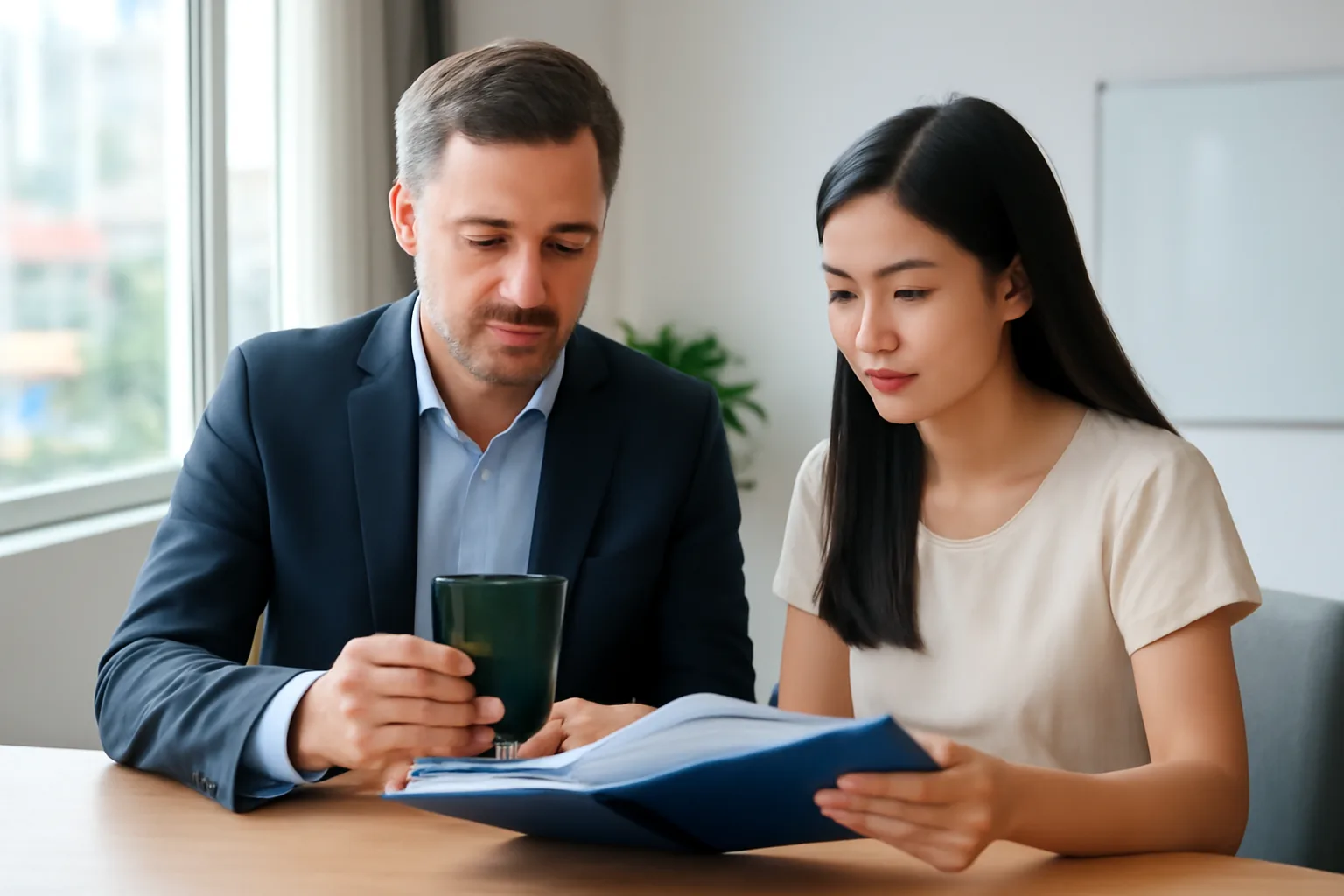 Nhà quản lý người nước ngoài và trợ lý người Việt xem hồ sơ trong căn hộ văn phòng sáng sủa