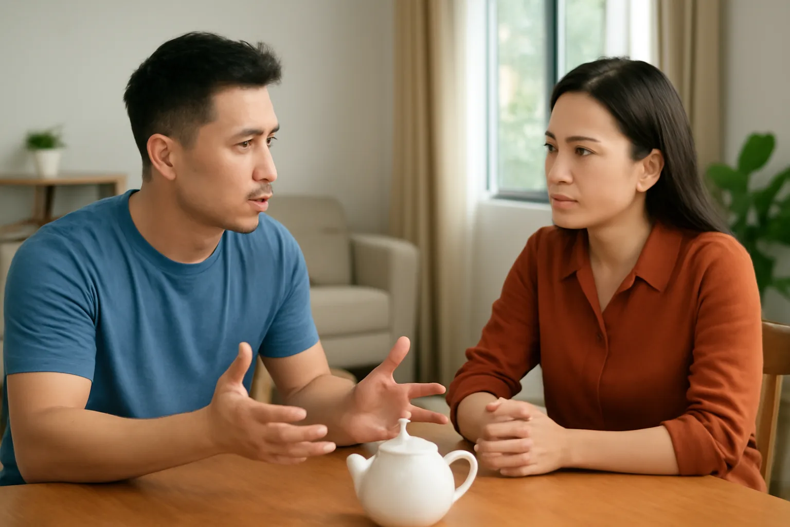 Hai chị em ngồi trò chuyện nghiêm túc bên bàn gỗ trong phòng khách gia đình