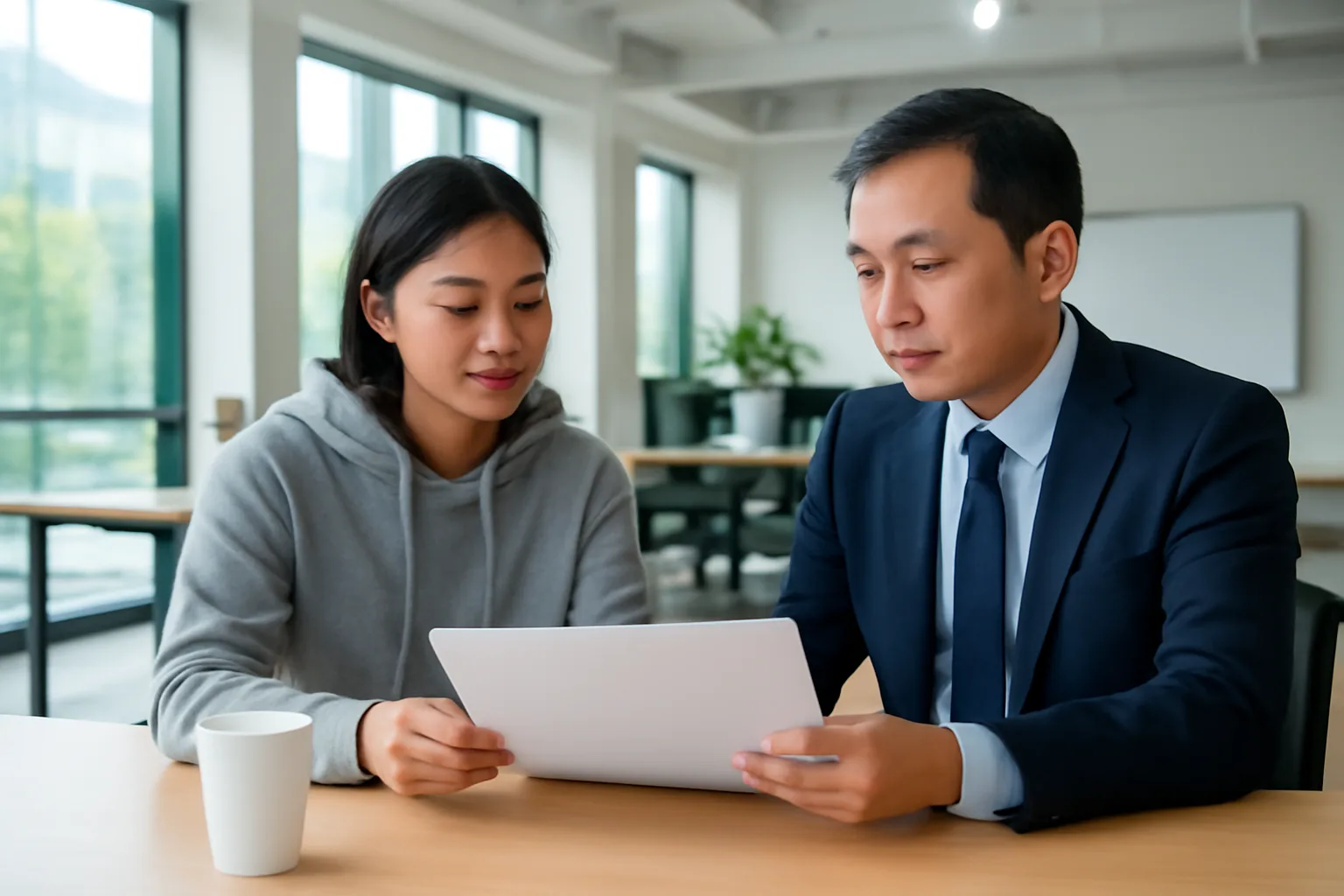 Nhà sáng lập trẻ và đại diện nhà đầu tư cùng xem bản dự thảo điều lệ trong phòng họp