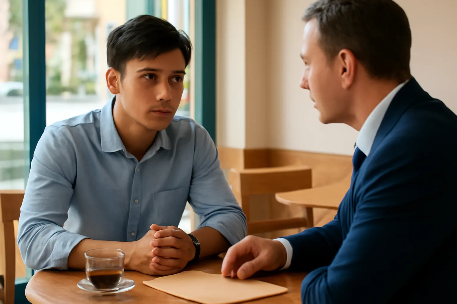 Người Việt trẻ lắng nghe lời đề nghị của đối tác nước ngoài trong quán cà phê