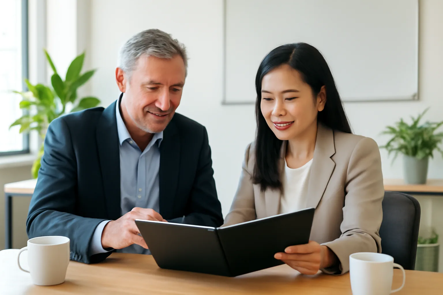 Nhà đầu tư nước ngoài và giám đốc người Việt trao đổi tại văn phòng nhỏ